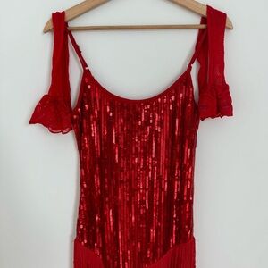 Sparkly Fringe Red dress FREE Stockings with Anti-skid Silicone Lace Silk Tights